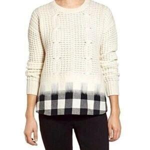 Madewell Wintermix 100% merino wool cable knit felted sweater plaid shirt hem M